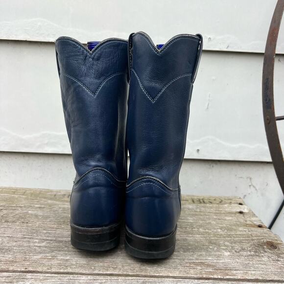 Vintage 90s Justin Roper Navy Blue Cowgirl Western Pull On Leather Boots 6 1/2B - Picture 4 of 6